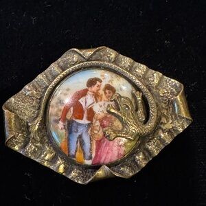 Vintage Brass Brooch with Hand Painted Romantic Scene on Porcelain and Dragon